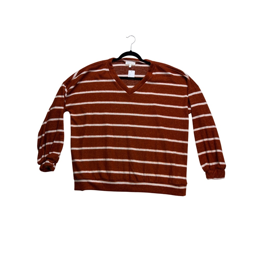 Perfect Peach Stripe V-Neck Sweater Women 2X Rust White Long Sleeve Knit Top